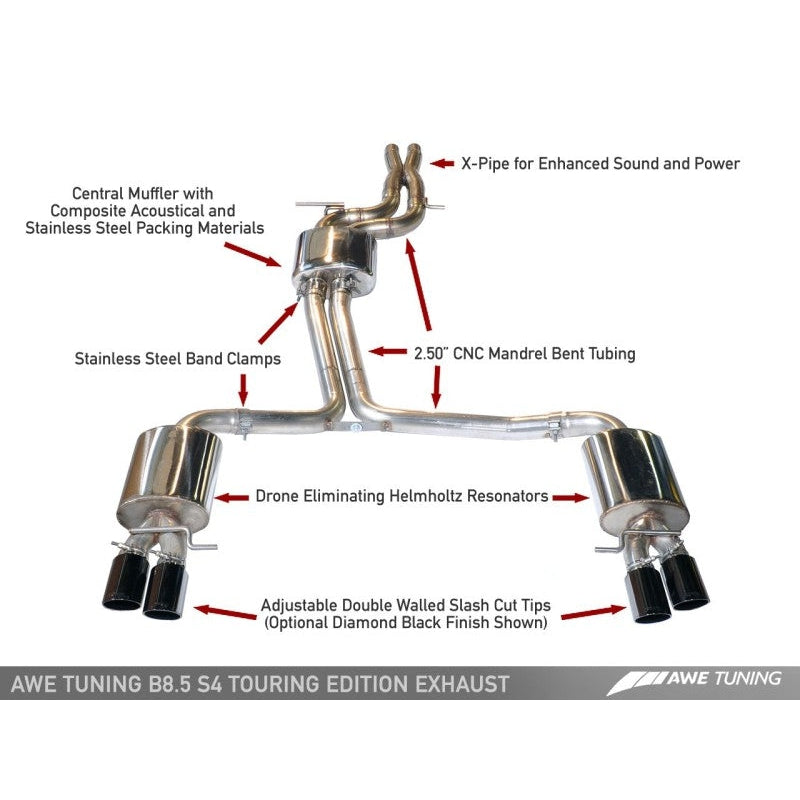 AWE Tuning Audi B8 / B8.5 S4 3.0T Touring Edition Exhaust - Chrome Silver Tips (90mm)