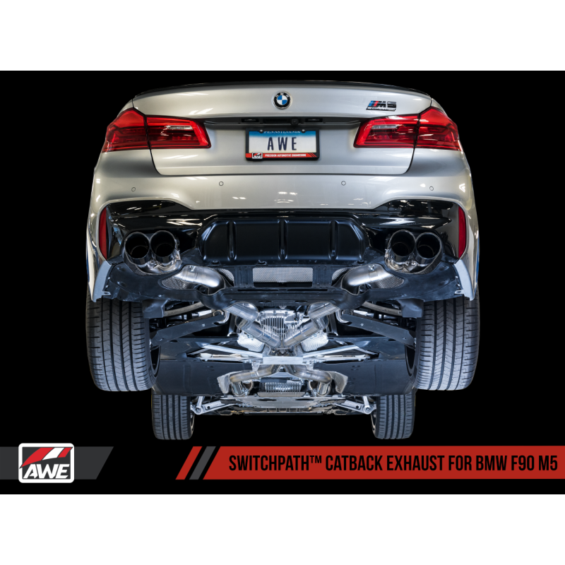 AWE Tuning 18-19 BMW M5 (F90) 4.4T AWD SwitchPath Cat-back Exhaust - Chrome Silver Tips - T1 Motorsports
