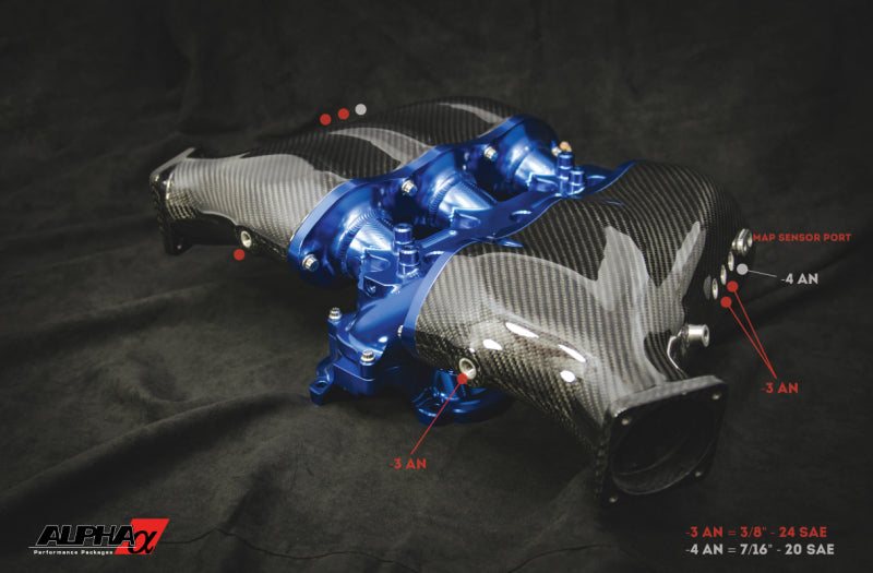 AMS Performance Alpha Carbon Fiber/Billet Intake Manifold w/Secondary Fuel Rail - Blue - 2009+ Nissan GT-R R35