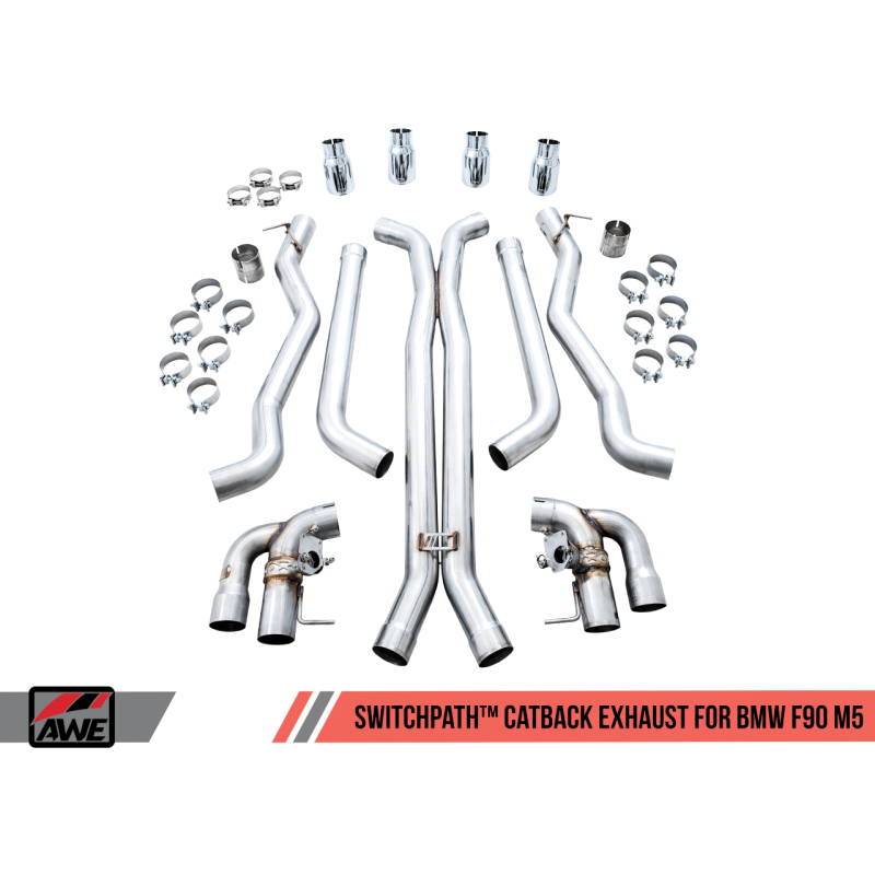 AWE Tuning 18-19 BMW M5 (F90) 4.4T AWD SwitchPath Cat-back Exhaust - Chrome Silver Tips - T1 Motorsports