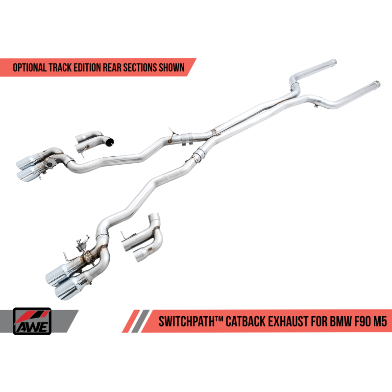 AWE Tuning 18-19 BMW M5 (F90) 4.4T AWD SwitchPath Cat-back Exhaust - Chrome Silver Tips - T1 Motorsports
